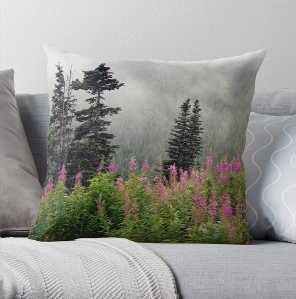 Alaska Pines and Wildflowers Throw Pillow