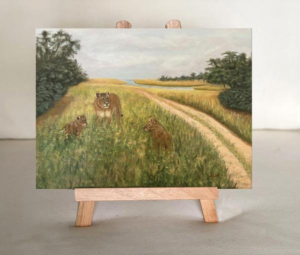 African Lioness and Cubs Oil Painting