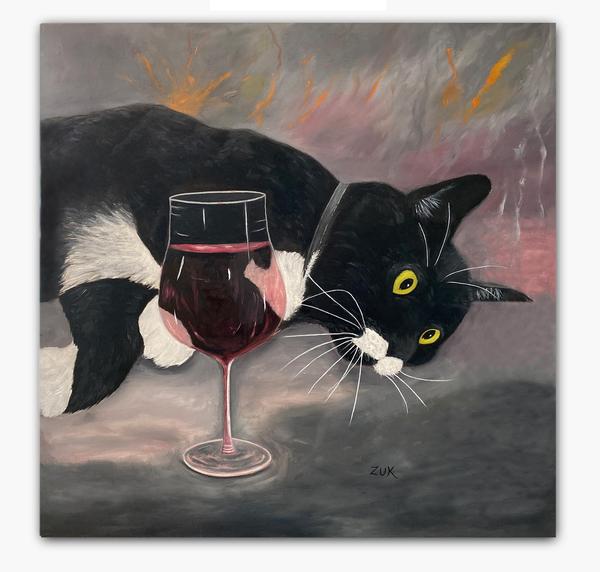 Tuxedo Cat and Red Wine Art Print