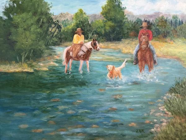 Horseback Riders and Dog Crossing River Oil Painting