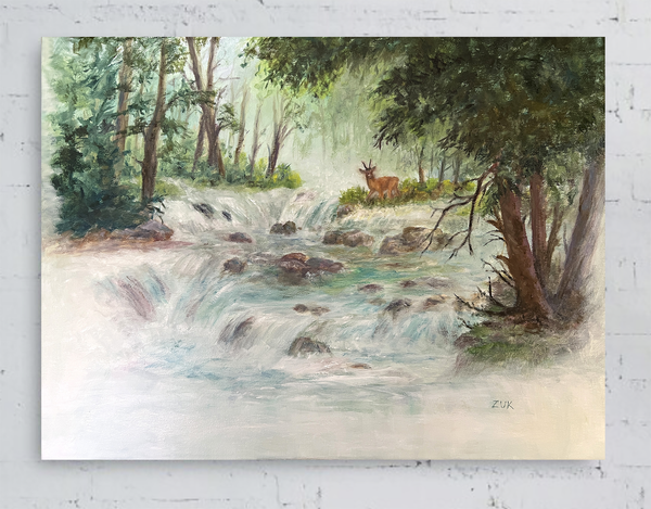 Waterfall Vignette with Deer