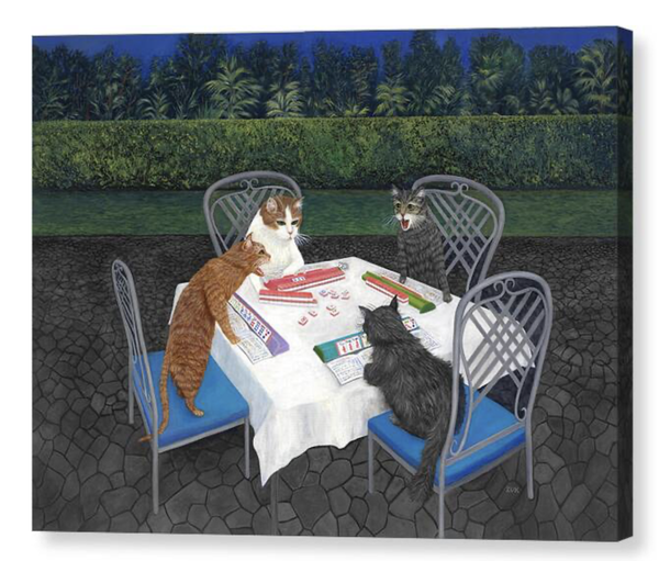 Cats Playing Mahjong Stretched Canvas Print