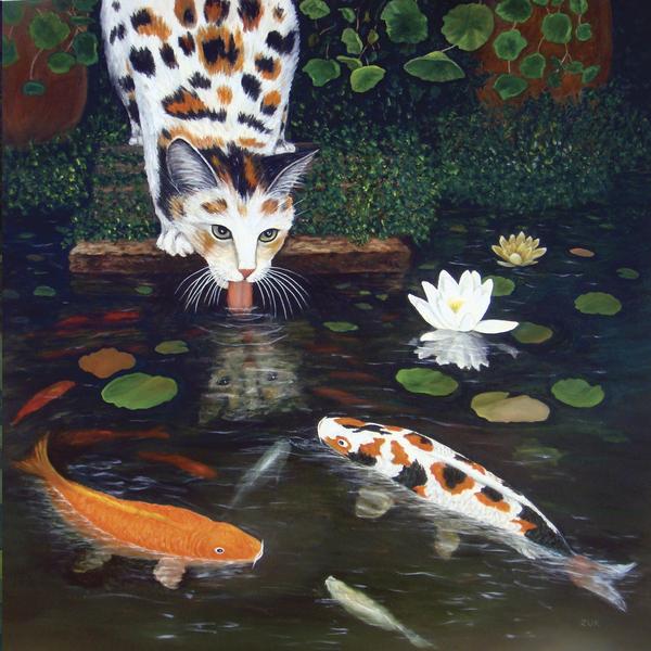 Calico Cat and Koi Oil Painting
