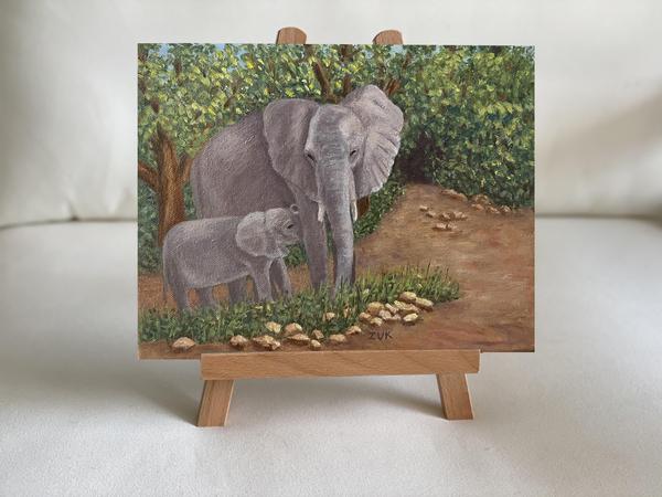 Elephant Mom and Calf Oil Painting