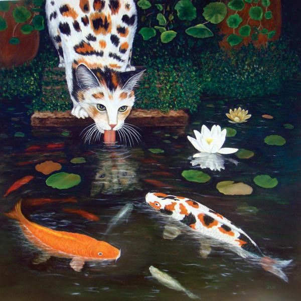 Calico cat and koi fish square canvas wall art.