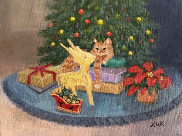Christmas Cat and the Golden Reindeer Oil Painting
