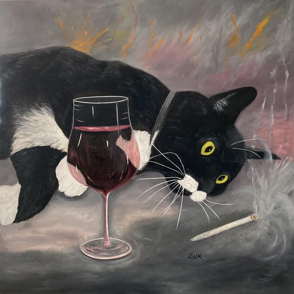 Cat, Wine and Weed Oil Painting