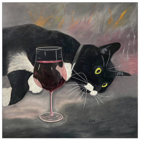Tuxedo Cat and Wine Art Print.