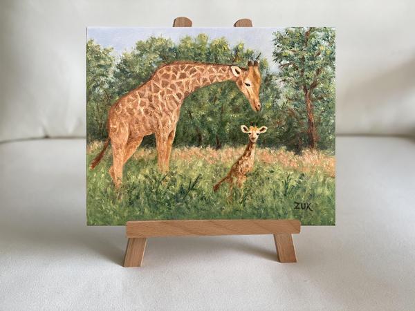 Giraffe Mom and Calf Oil Painting