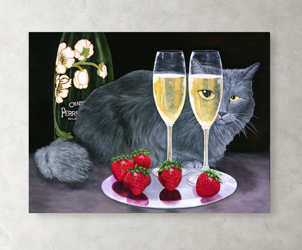 Cat, Champagne and Strawberries stretched canvas print. Long haired grey cat, champagne flutes.