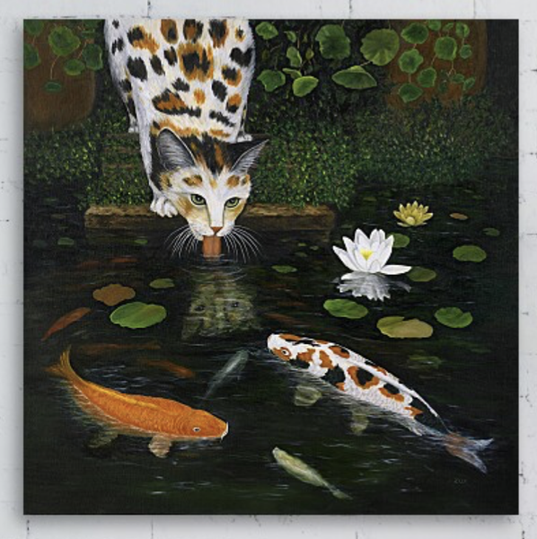 Calico Cat and Koi oil painting