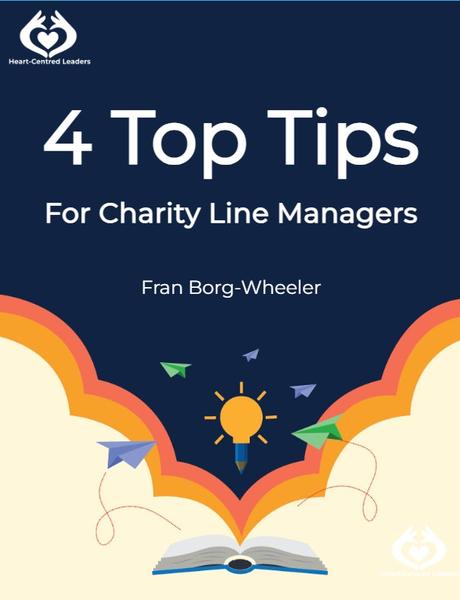 Cover Image for downloadable pdf. Reads "4 Top Tips for Charity Line Managers". Navy background with a pictures of an open book, a lightbulb and paper aeroplanes.