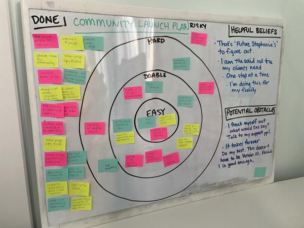 A picture of a completed courage-based plan. 3 concentric circles with the innermost one labelled doable, the next one moving out is easy, the third one is hard, and then the space around the largest circle is risky. Write the goal on the top, top right corner is for writing helpful beliefs, left side is for tasks that are done, and bottom right corner is for potential
obstacles.