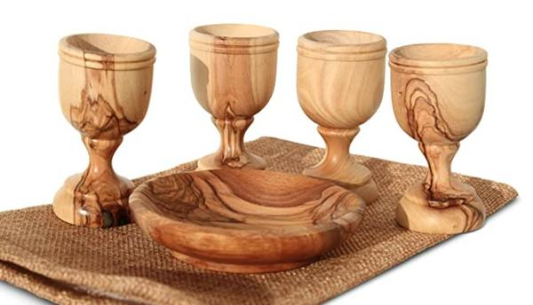 Communion Cups- Olive Wood Bread Tray with Four Olive Wood Cups