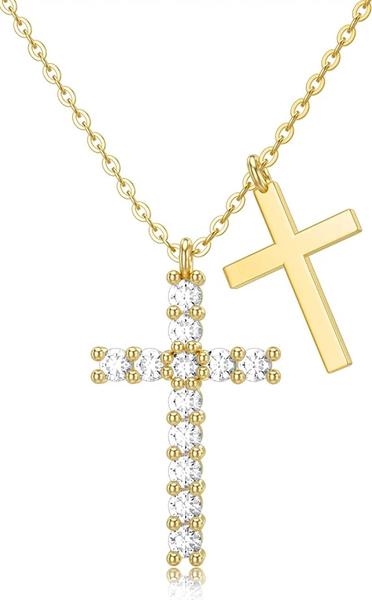 14k Gold Cubic Zirconia Double Cross Pendant 