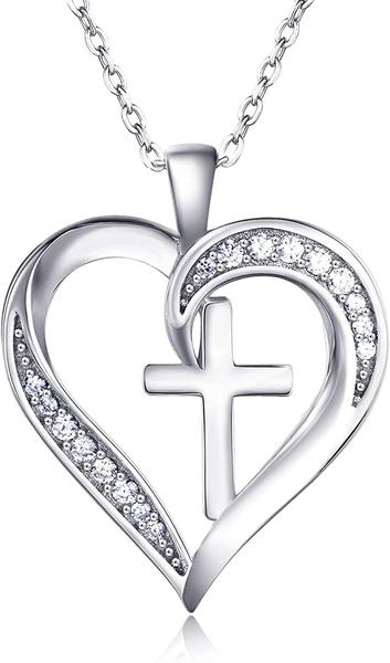 Cross Necklace for Women 925 Sterling Silver Heart Necklace 