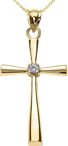 14K Yellow Gold Solitaire Diamond Accented Cross Pendant Necklace 