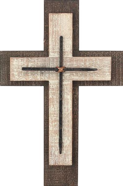 Stonebriar Decorative Worn White and Brown Wooden Hanging Wall Cross