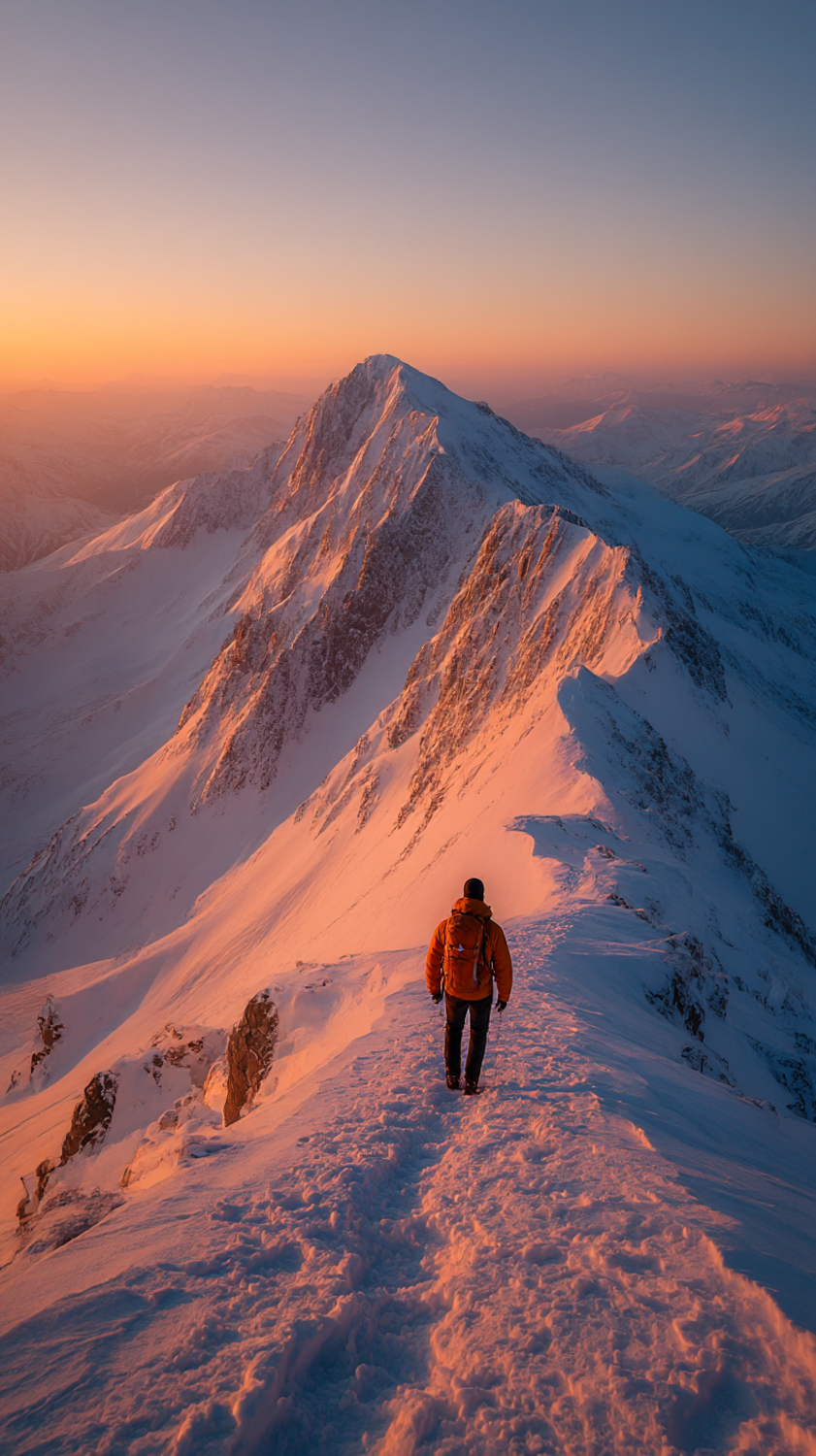 A hiker on a snowy ridge at sunset looking toward a distant peak