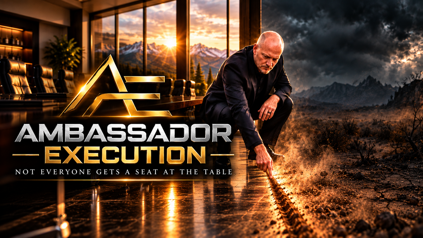 Ambassador Execution — Not everyone gets a seat at the table. A man in a dark suit kneels and draws a line in the earth between a sunlit boardroom and a stormy wilderness.