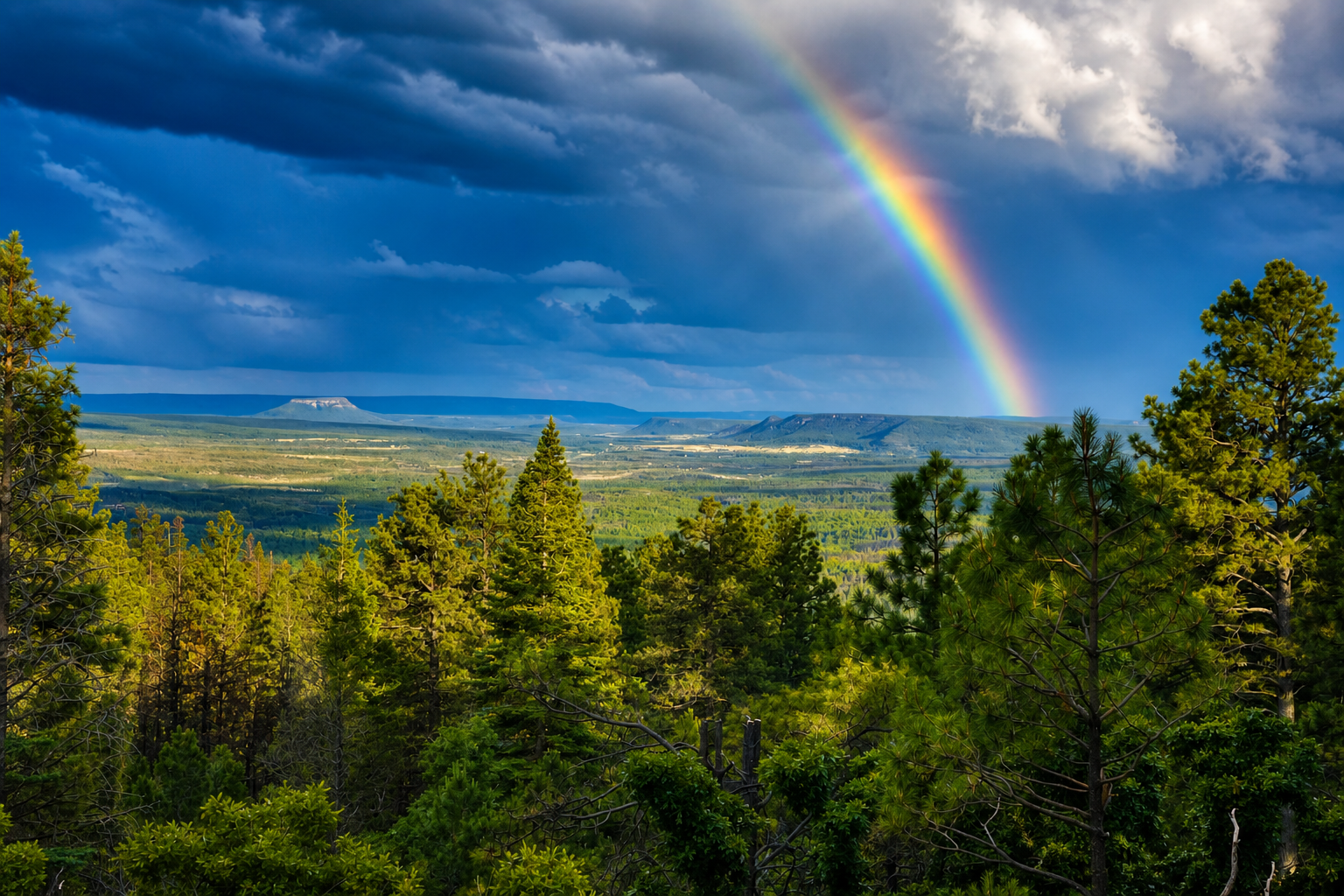 A rainbow arcing over a forested valley after a passing storm