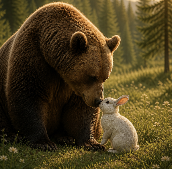 A great brown bear leaning gently toward a small white rabbit in a sunlit meadow