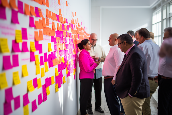 A team collaborating around sticky notes and a whiteboard in a creative brainstorming session