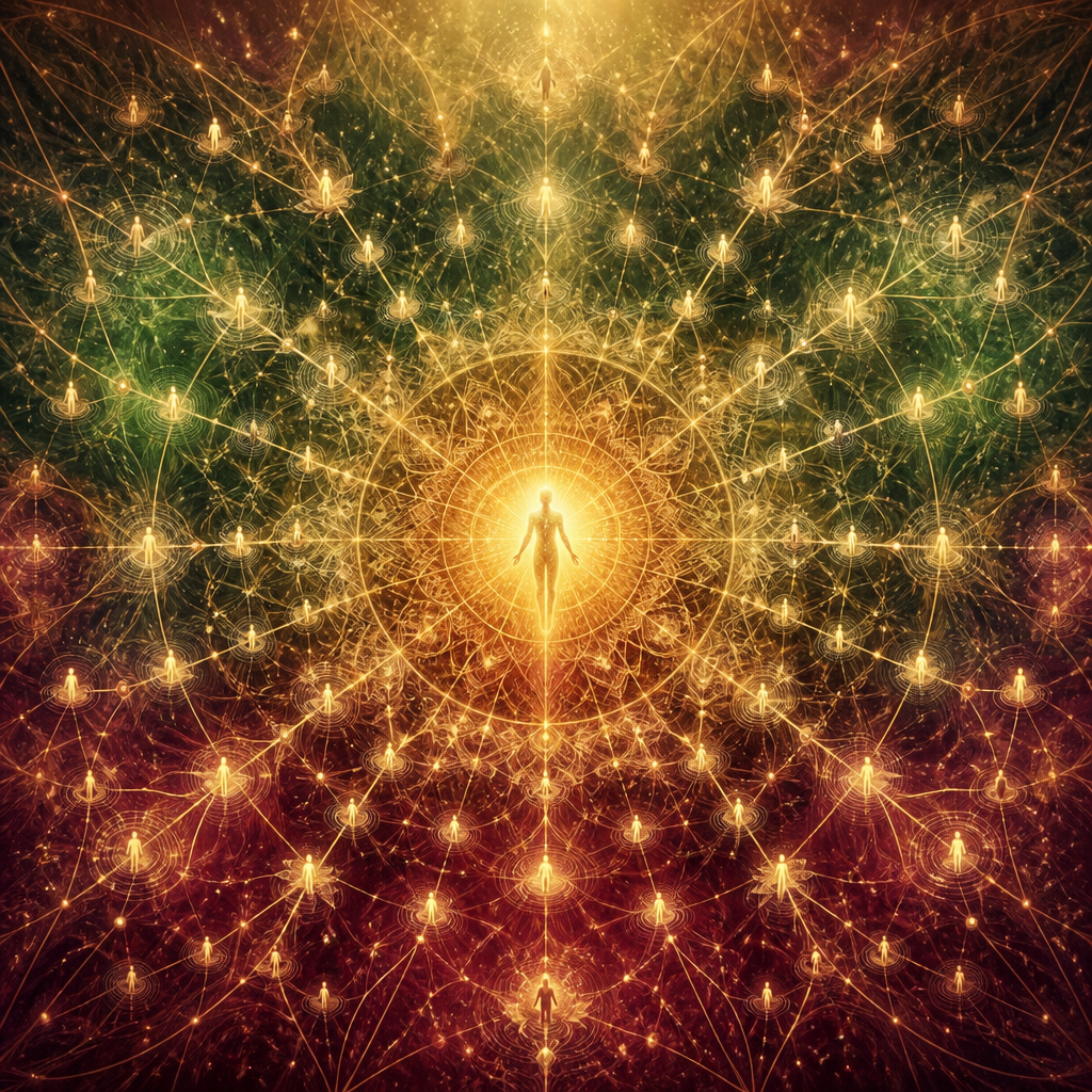 A single glowing figure at the center of expanding fractal ripples that bloom into countless interconnected points of light — individual healing radiating into collective healing