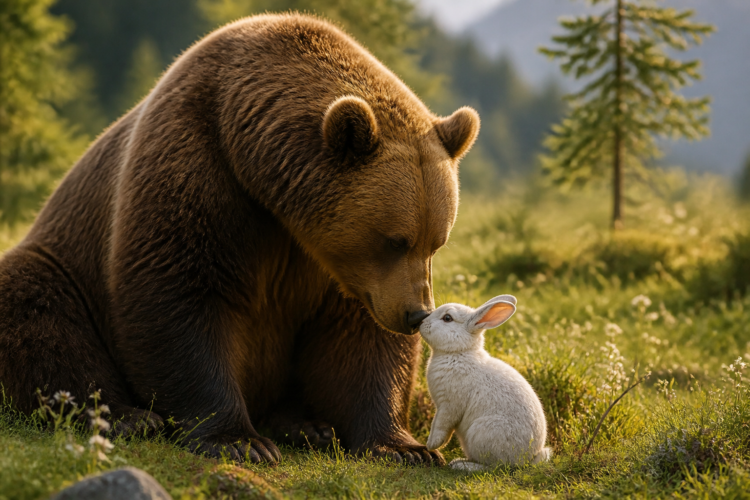 Befriending Bravely — a bear and a bunny meeting nose to nose, unlikely friends