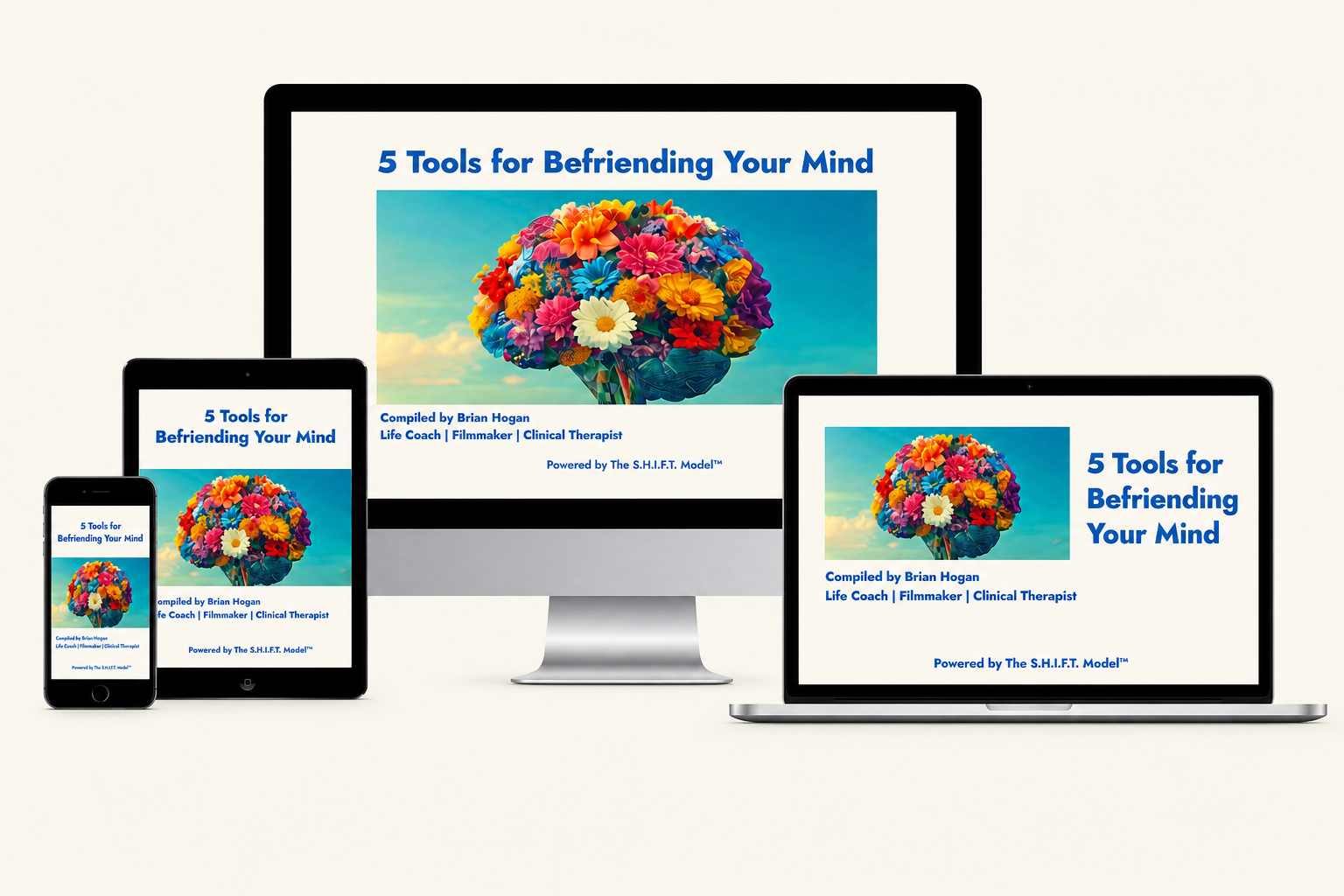 5 Tools for Befriending Your Mind guide plus video series shown on desktop, laptop, tablet and phone