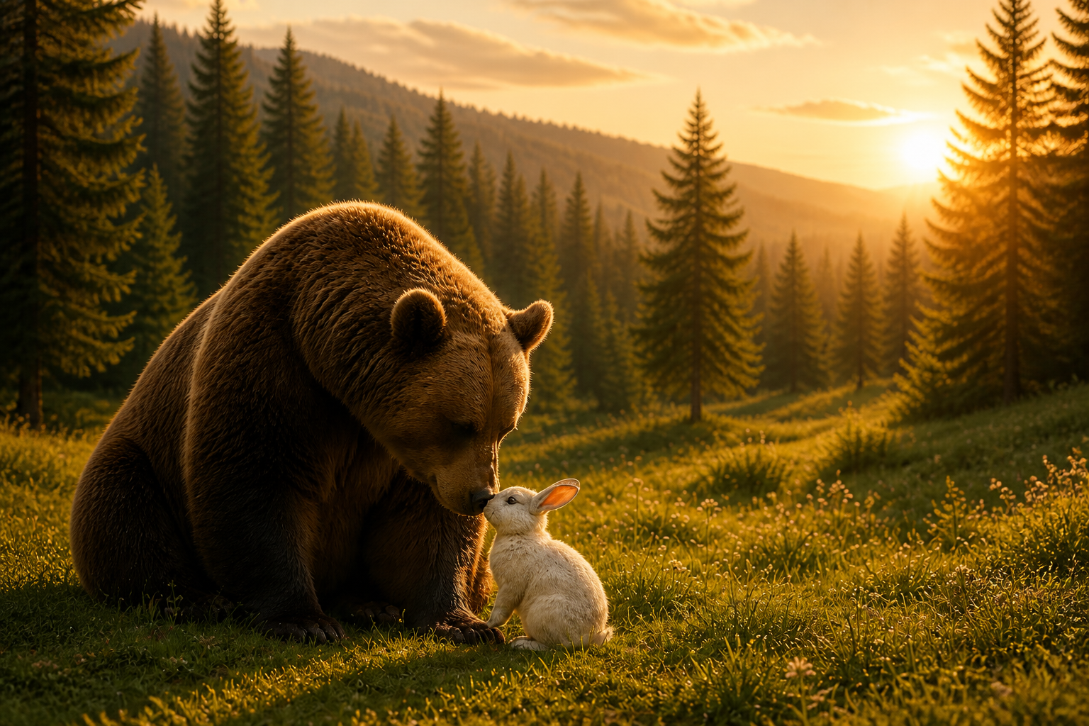 A brown bear gently touching noses with a small white rabbit in a sunlit mountain meadow at golden hour