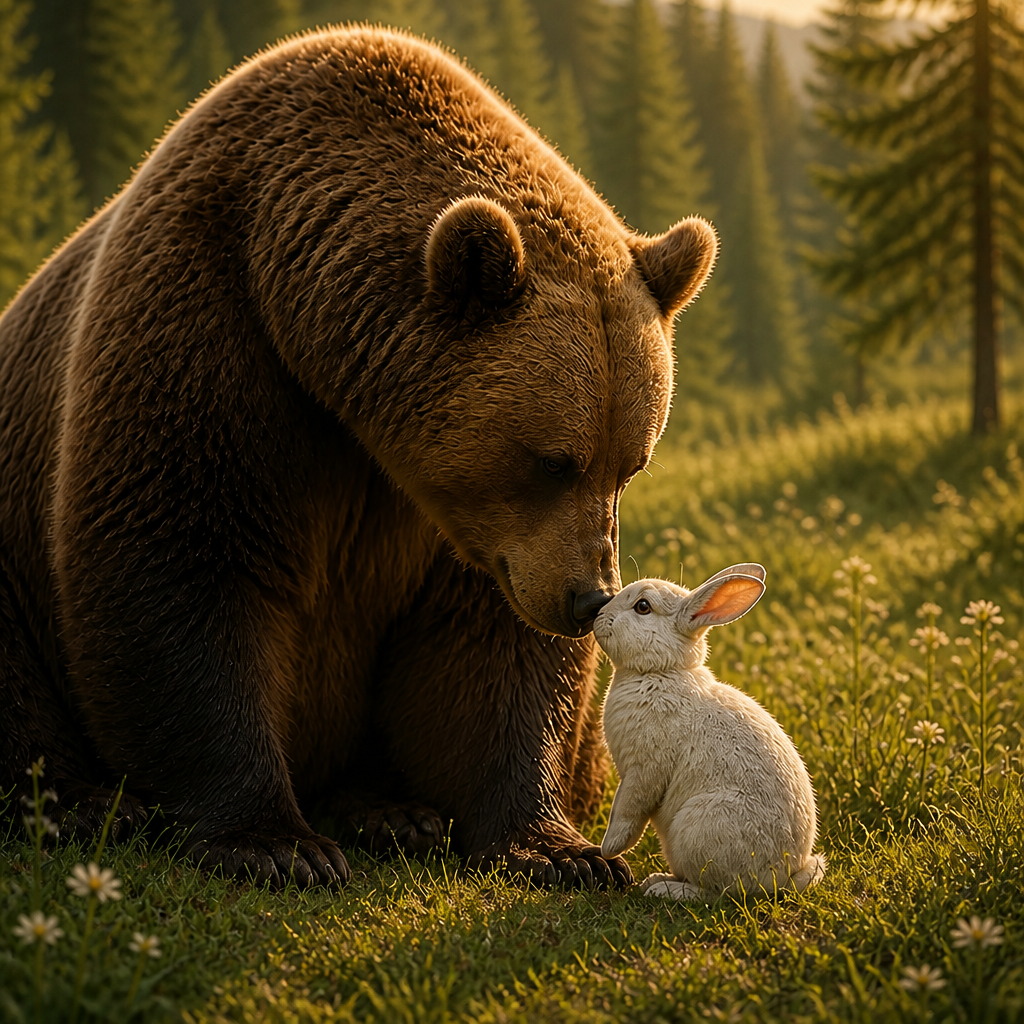 A brown bear gently touching noses with a small white rabbit in a sunlit meadow — the spirit of befriending rather than fighting