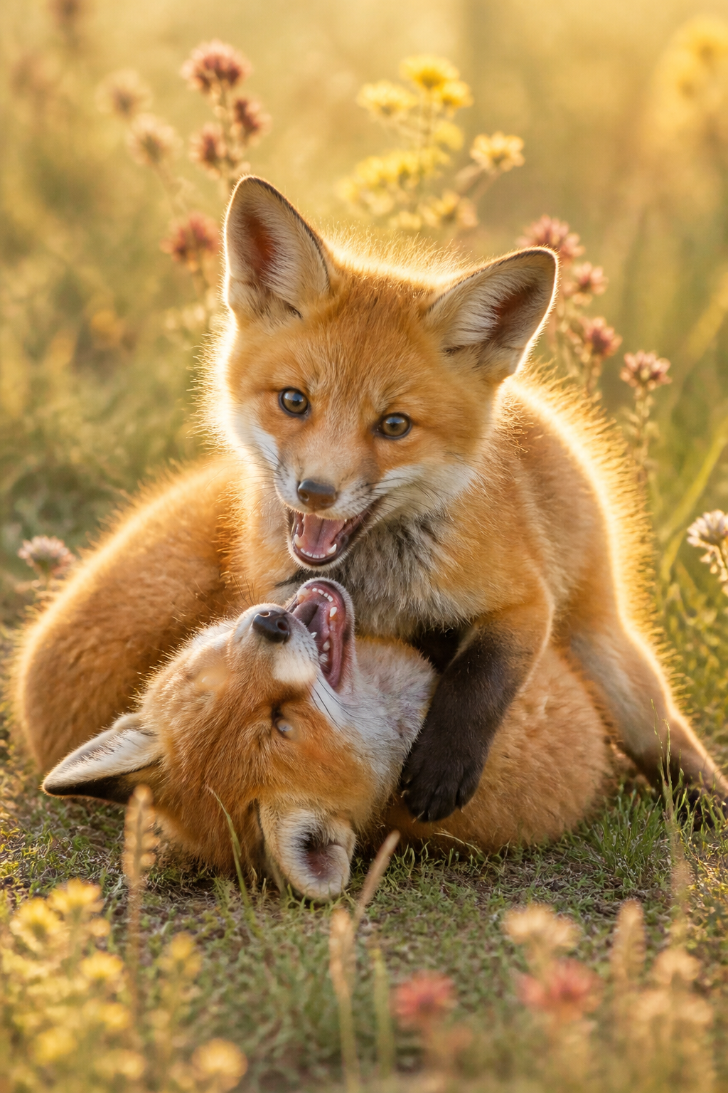 Two young fox kits playfully wrestling in a sunlit meadow