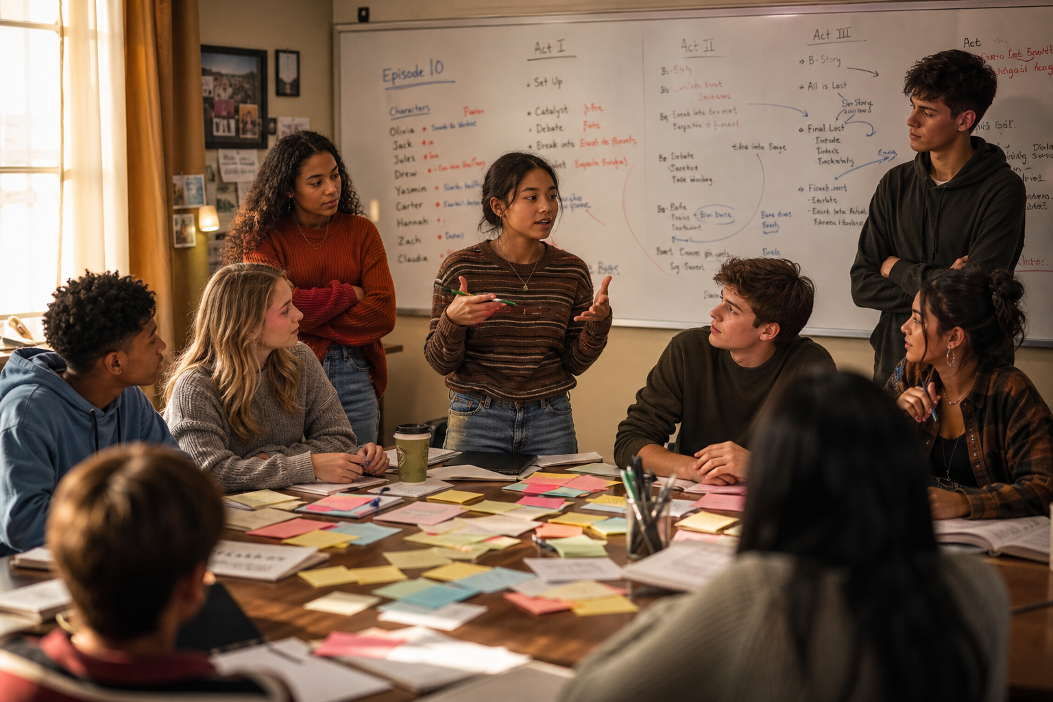 Teen writers gathered around a table of index cards and a whiteboard covered in story beats, one student mid-pitch