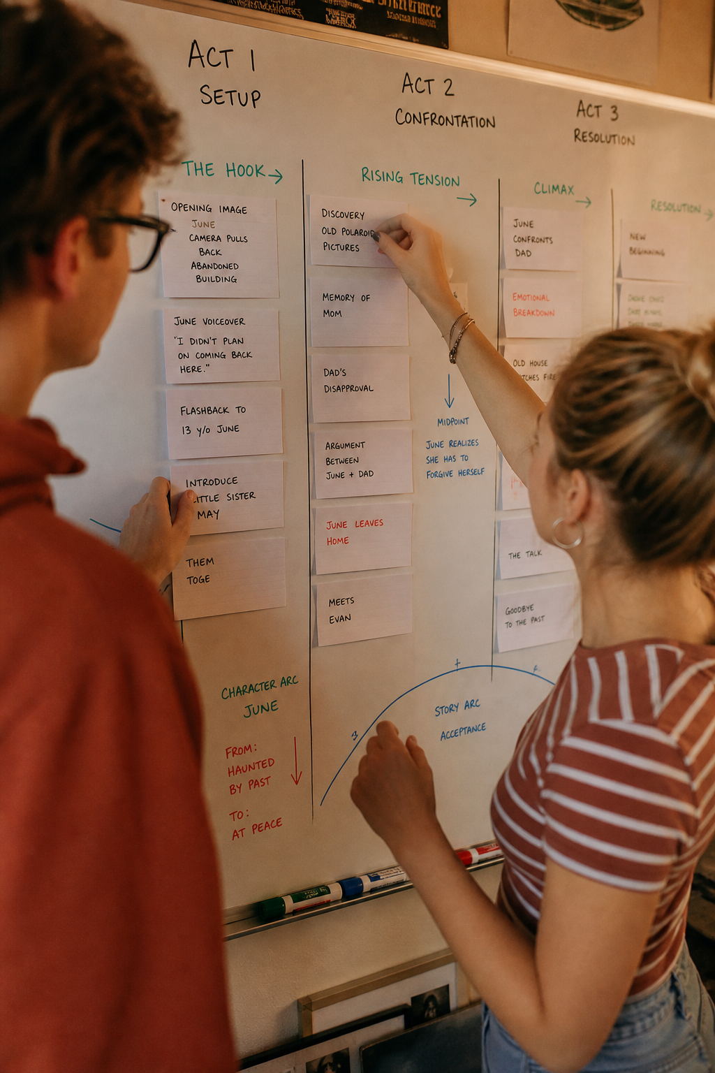 Teen writers arranging index cards and story beats on a whiteboard