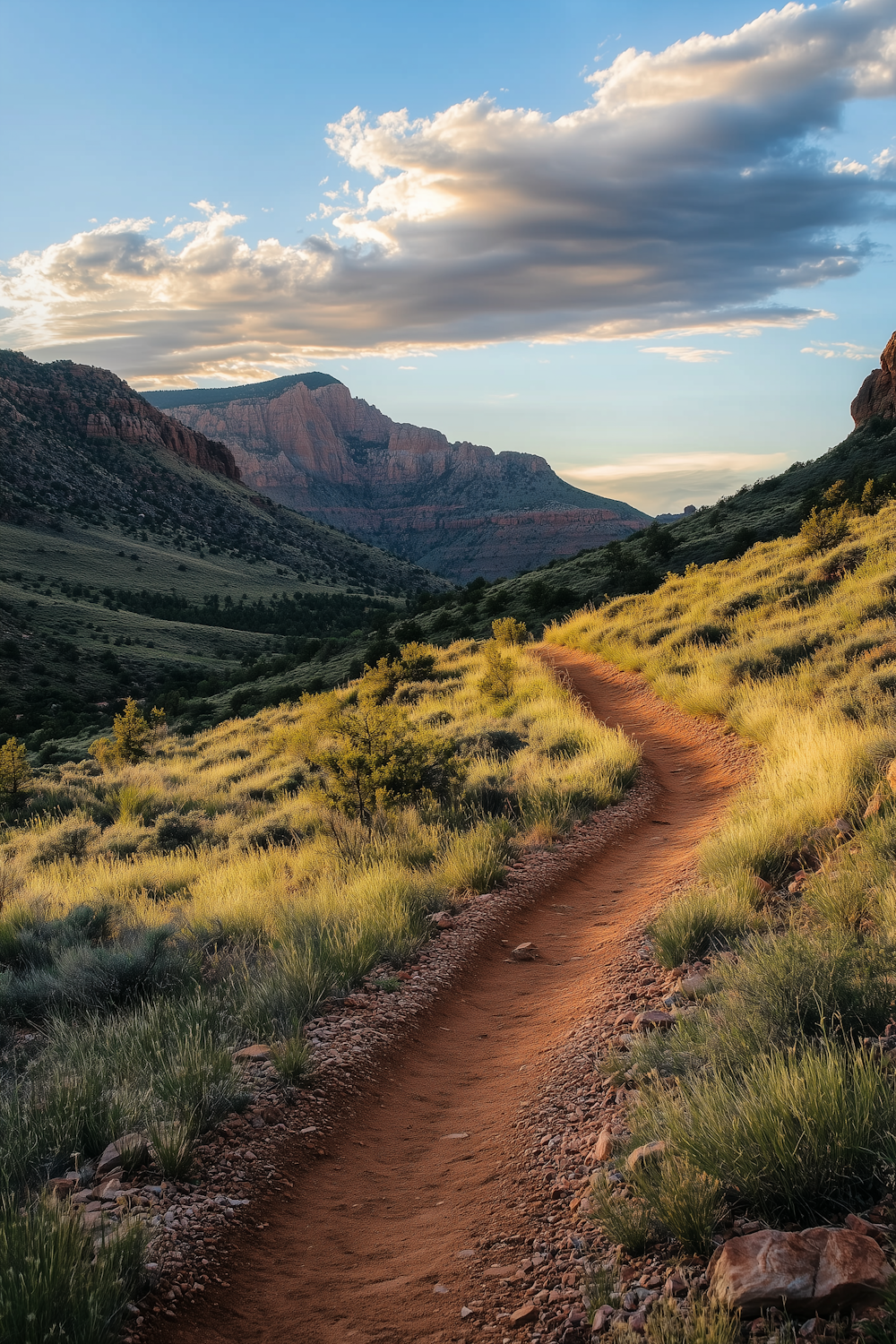 A golden-hour path winding through grassy hills toward open mountains