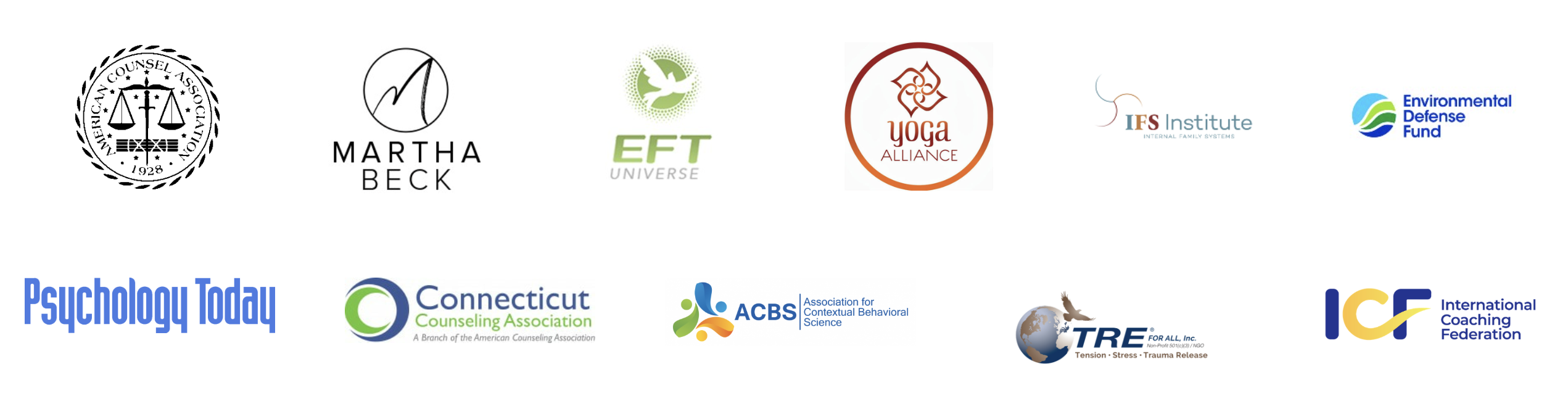 Partner and affiliation logos: American Counseling Association, Martha Beck, EFT Universe, Yoga Alliance, IFS Institute, Environmental Defense Fund, Psychology Today, Connecticut Counseling Association, ACBS, TRE For All, and International Coaching Federation