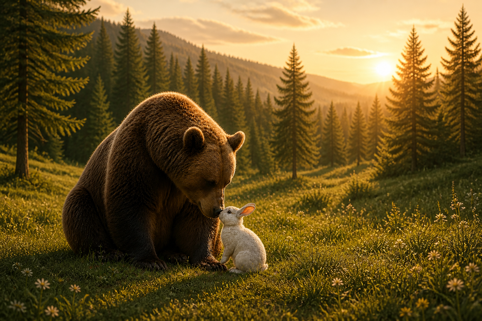 A brown bear gently nose-to-nose with a small white rabbit in a sunlit forest meadow