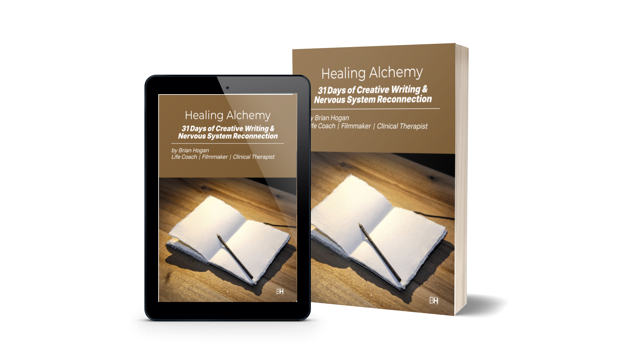 Healing Alchemy — 31 Days of Creative Writing & Nervous System Reconnection, shown as tablet and paperback