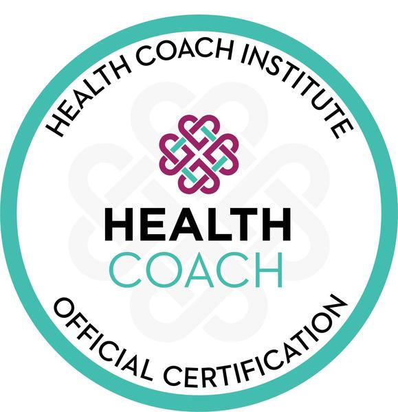 A teal circle enclosing a design of interlocking purple and teal hearts over the words Health Coach, with the words Health Coach Institute Official Certification around the perimeter