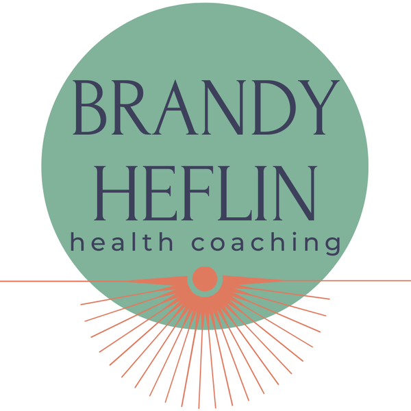 A green circle on white background with red sunrays directed downward under blue text that says Brand Heflin Health Coaching