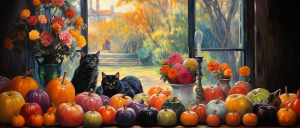 Beautiful colorful Harvest Table with Black Cats