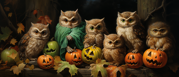 Adorable Owls with Colorful Pumpkins