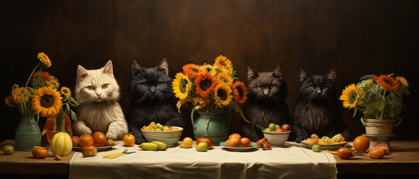 Cat Family Eating at Colorful Harvest Table with Sunflowers