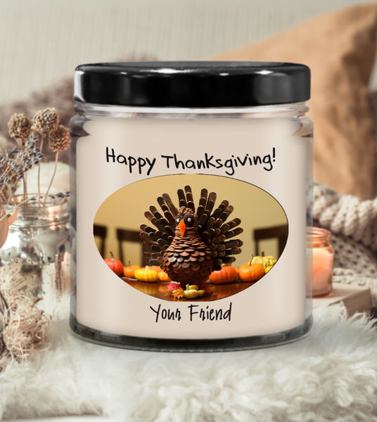 Happy Thanksgiving Candle - Personalized Pinecone Tom Turkey - White Candle
