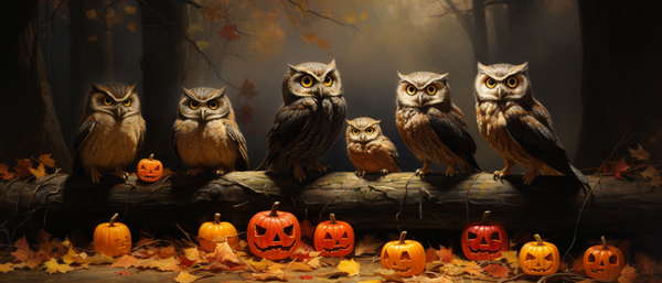 Owl Family in Autumn Woods with Beautiful Colored Pumpkins