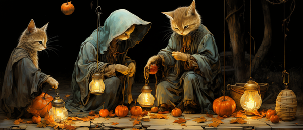 Mystic Feline Monks with Lamps and Pumpkins