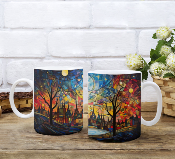 Spectacular Bright Colors in an Autumn Skyline - In a Kaleidoscope of Stained Glass - White Mug 15 or 11 ounce Wraparound
