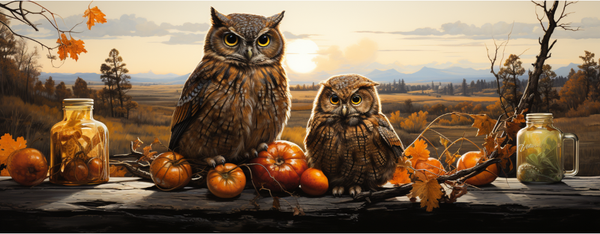 Autumn Owls with Spoils of the Harvest I.M. - White Mug 15 or 11 ounce Wraparound