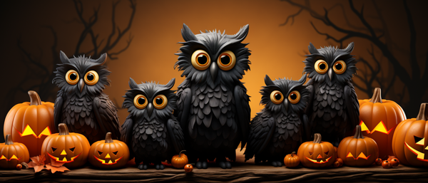 Cute Wide Eyed Black Owls with Pumpkins and Animated Look